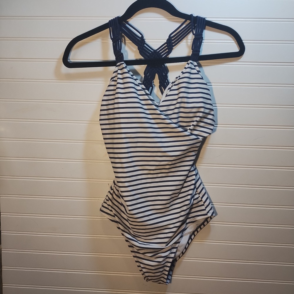 Kona Sol Womens Macrame Back One Piece Swimsuit Navy White Striped Small Boho
